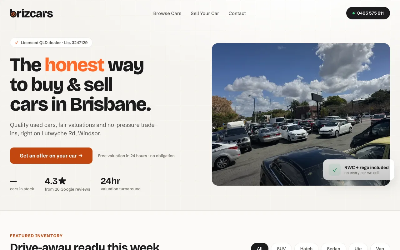 Brizcars website: used-car stock listings